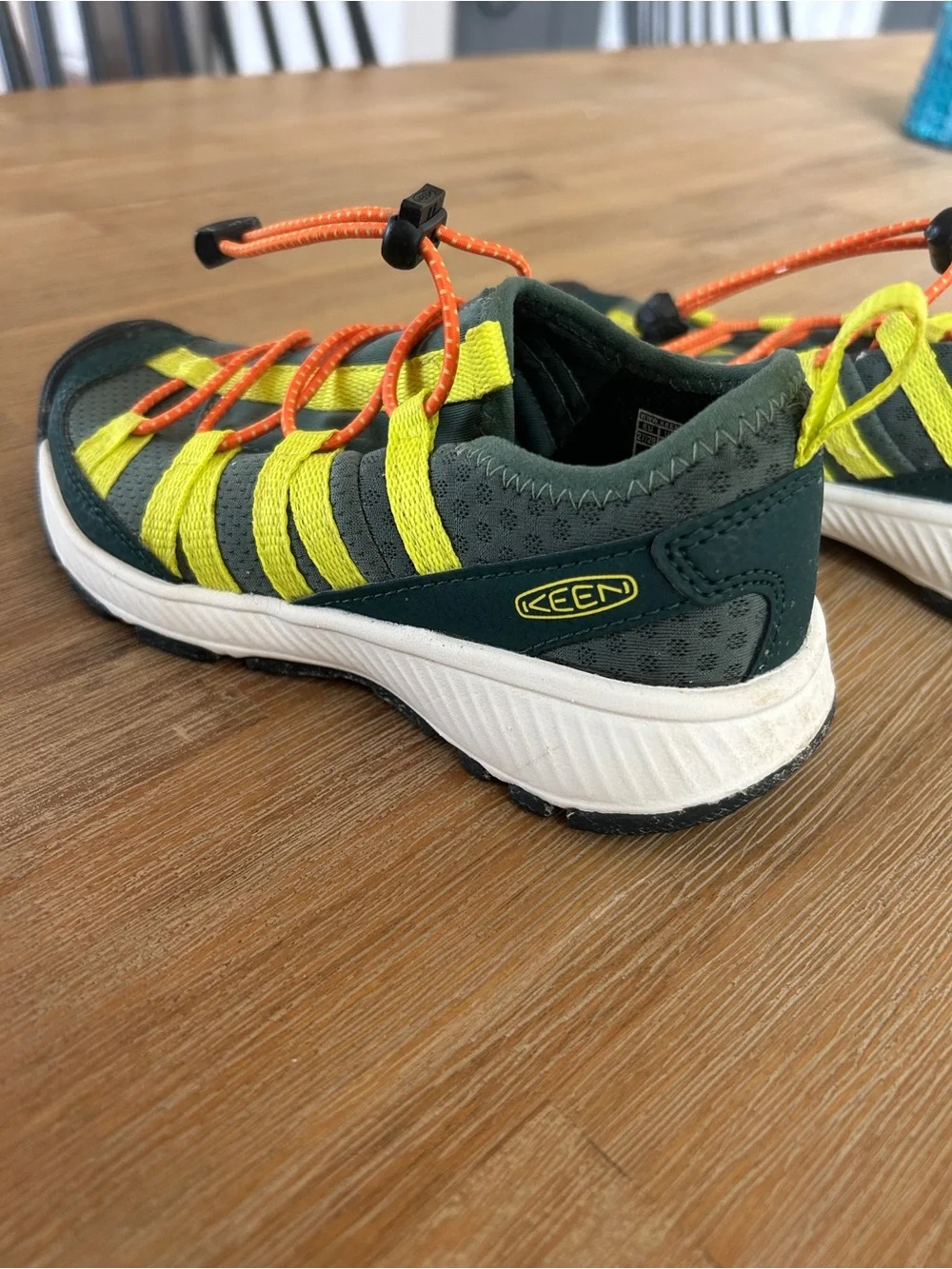 Keen Kids Dark Green Water Shoes with Yellow Straps and Orange Laces